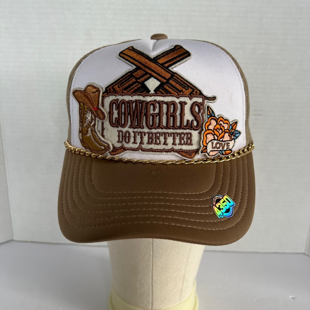 4350 District Cowgirls Do It Better Trucker Hat Tan White Gold Chain Snapback